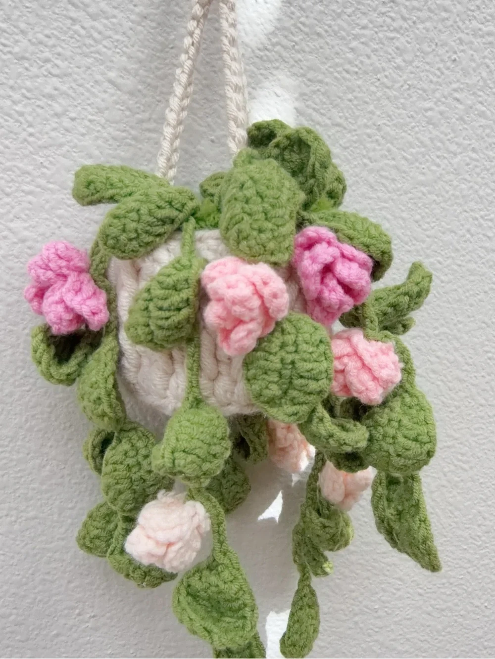 Handmade Crochet Hanging Wall Plant with Pink Flowers